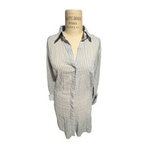 CAbi Long Sleeve Cotton Blue White Striped Long Button Down Shirt Dress Size S